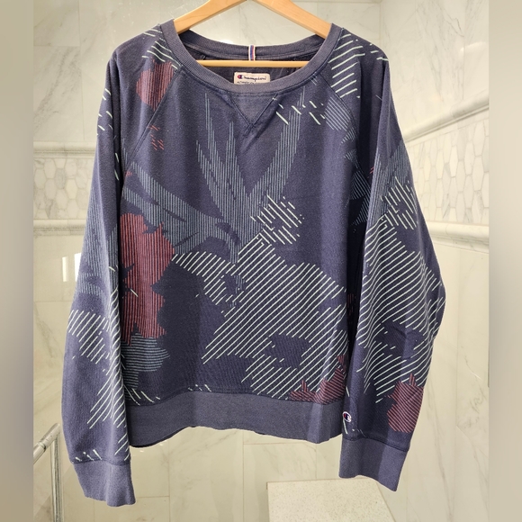 Women's Champion Sweatshirt Navy Blue with Neon Palm Leaves Size L - Picture 2 of 5